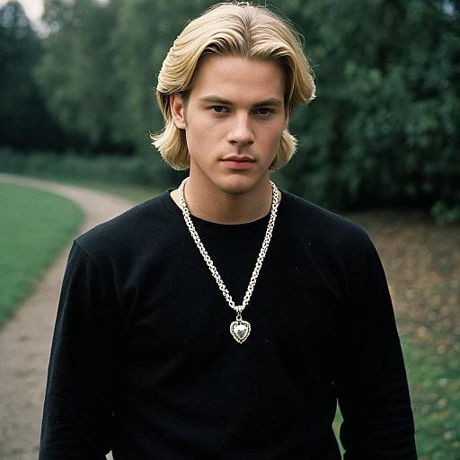 Blonde Young Man Wearing Gold Heart Pendant Necklace Outdoors