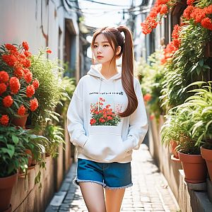 Young Woman in Hoodie Strolling Through Flower Garden