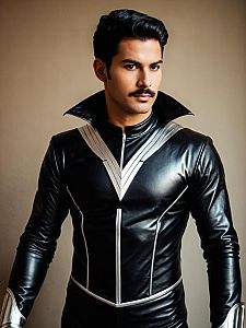 Man in Realistic Mercury Black Costume Cosplay with Silver Accents