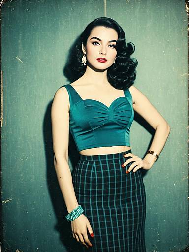 Woman in Chic Black and White Checked Crop Top with Vintage Style