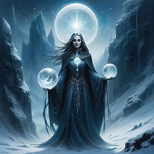 Mystical Woman in Snowy Mountains with Crystal Spheres