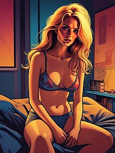 Vibrant Illustration of Woman on Bed