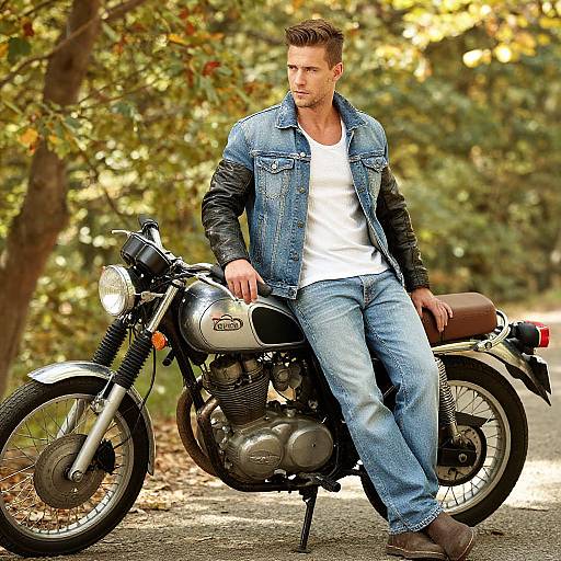 Stylish Man Leaning on Vintage Motorcycle in Autumn Forest