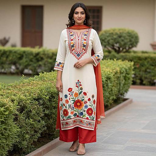 Traditional Cream Kurta with Floral Embroidery and Red Palazzo Pants