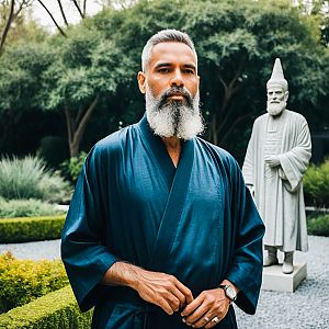 Confident Man in Blue Robe in Lush Garden
