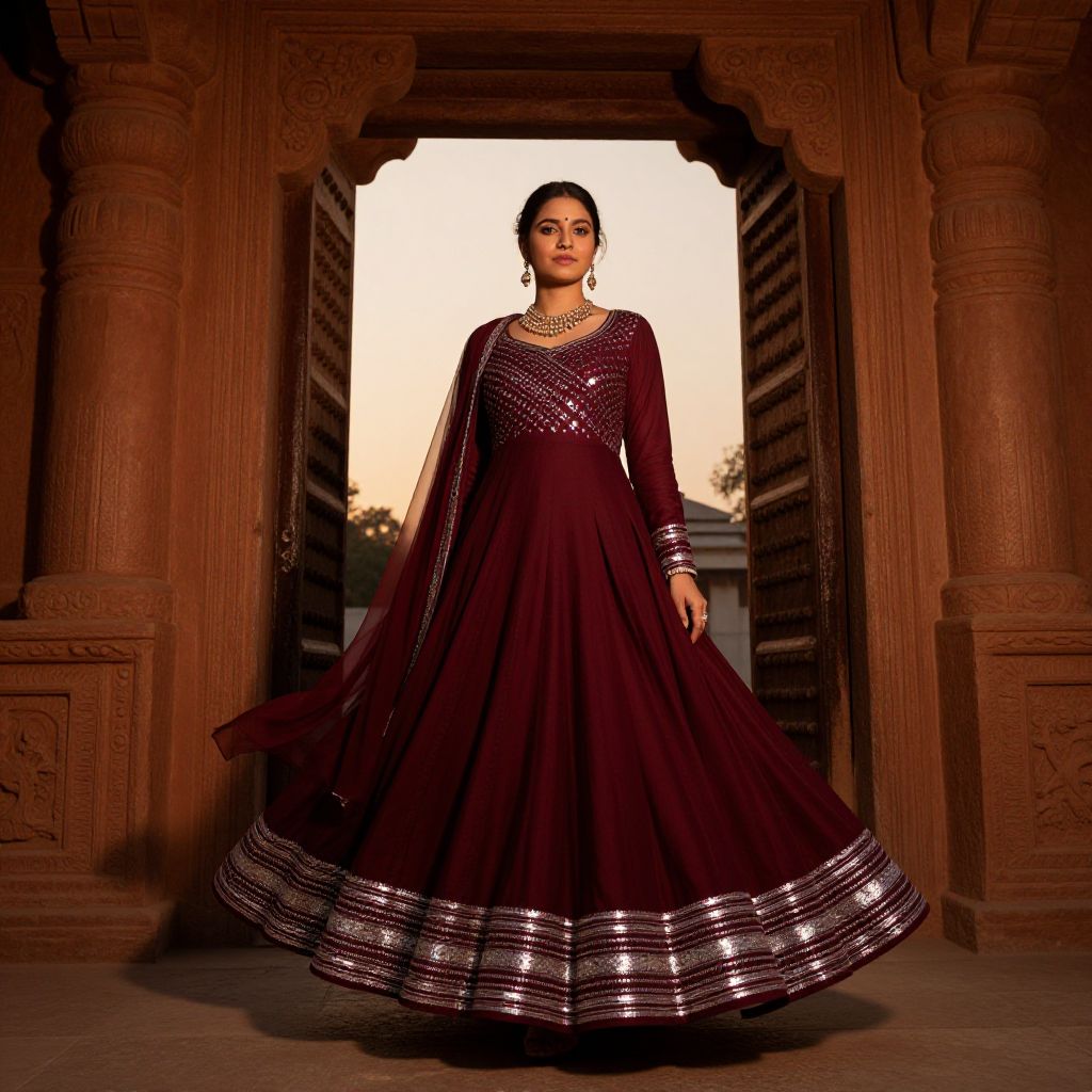 Elegant Woman in Maroon Anarkali Dress Posing at Ornate Wooden Archway