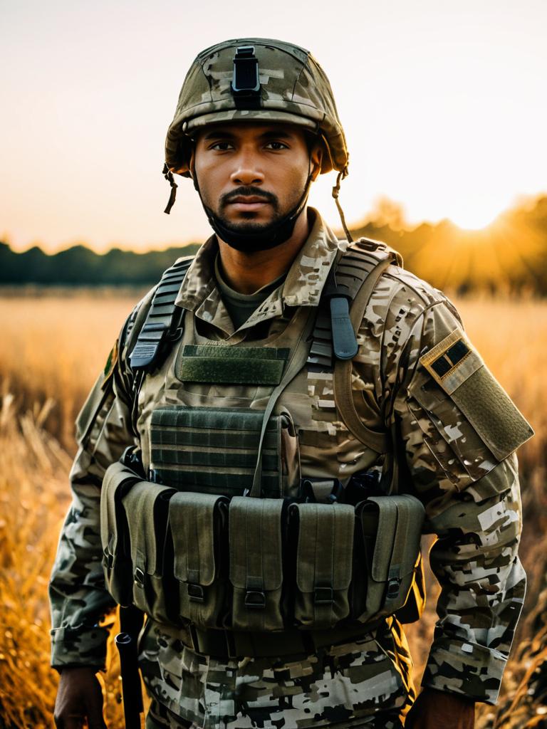 Photorealistic Outdoor Portrait of Man in Army Soldier Costume at Golden Hour