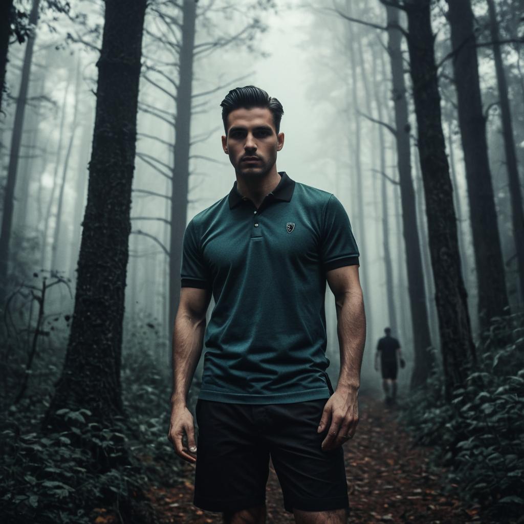 Young man on misty forest path