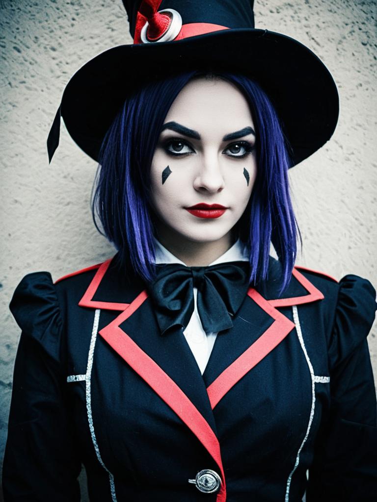 Female Cosplayer in Dark Fantasy Outfit with Black Hat and Red Trim