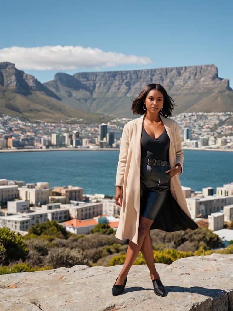 Stylish Woman in Chic Outfit with City Skyline and Mountains