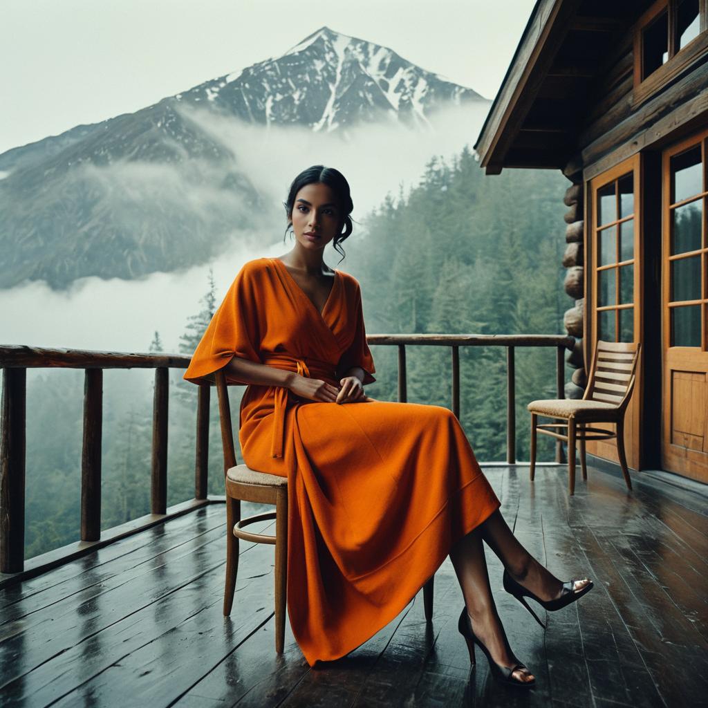Elegant Woman in Orange Dress on Cabin Balcony with Mountain View