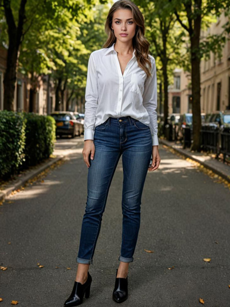 Confident Woman in Stylish Outfit on Tree-Lined Street