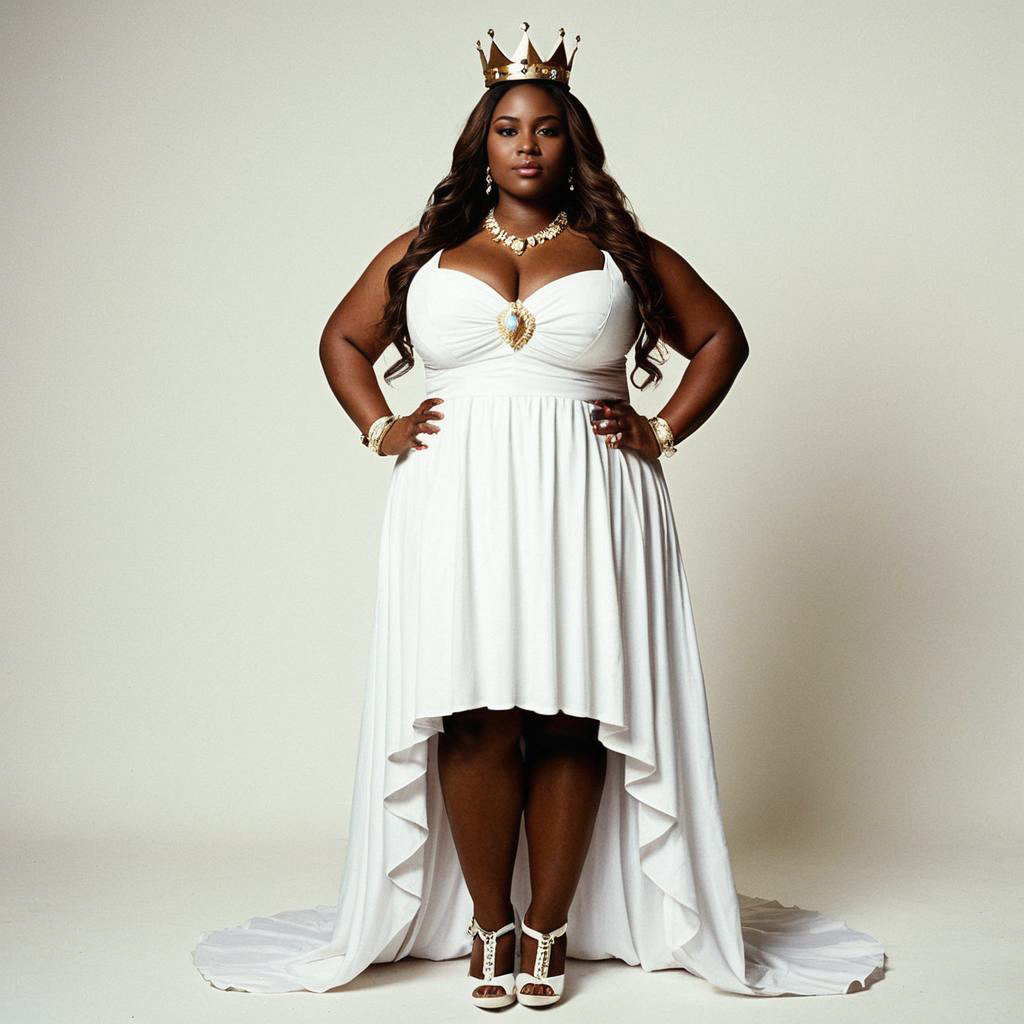 Confident Plus-Size Woman in Elegant White High-Low Dress