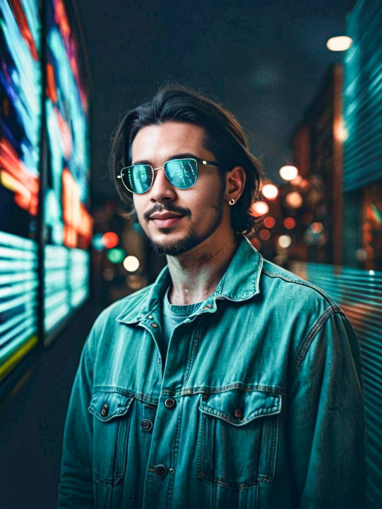 Stylish Young Man in Denim Jacket with Neon Lights