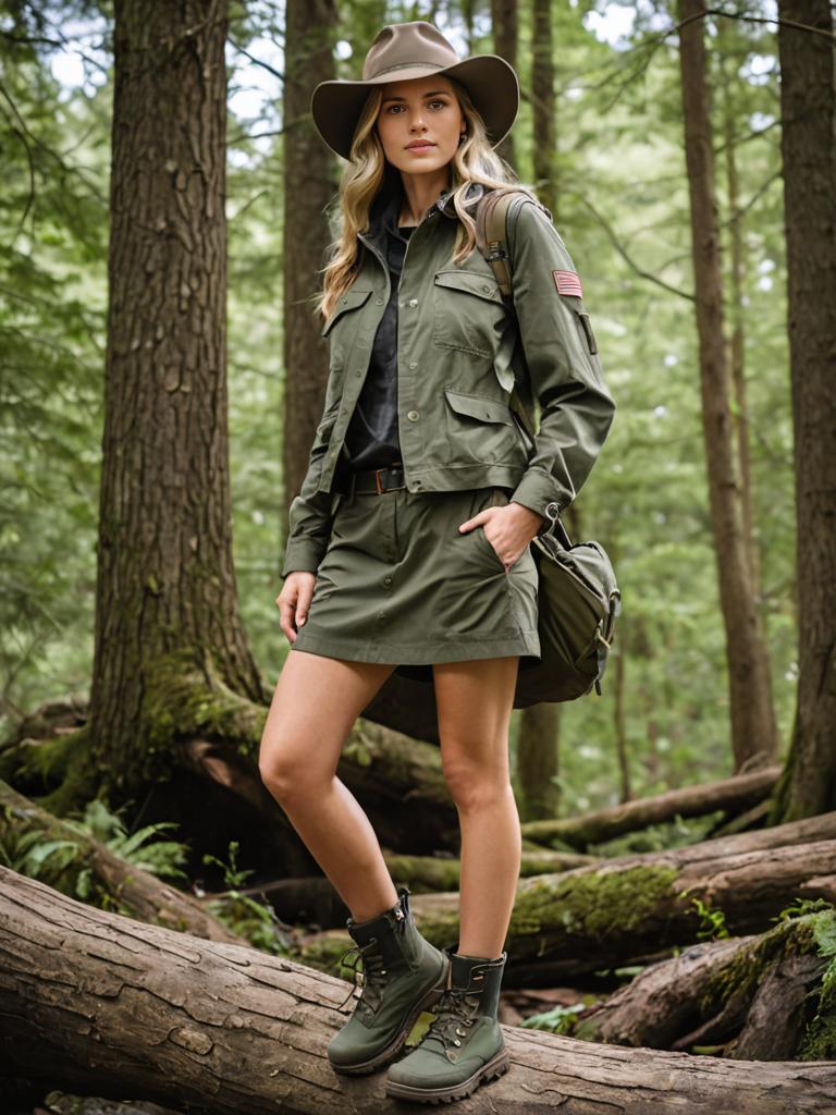 Stylish Woman in Outdoor Outfit in Forest