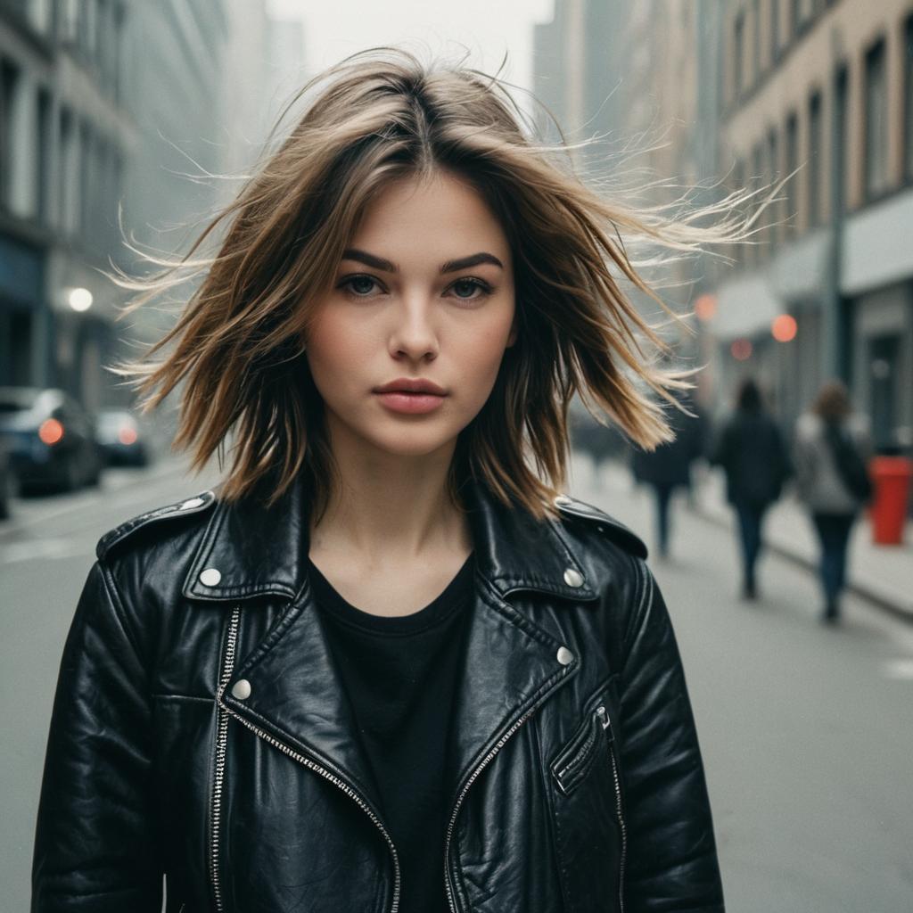 Young Woman in Black Leather Jacket on Urban Street