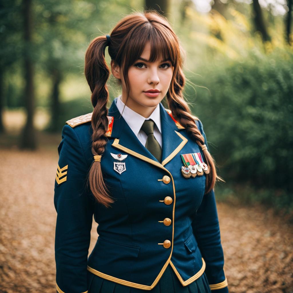 Portrait of Woman in Military Style Uniform with Braids Outdoors