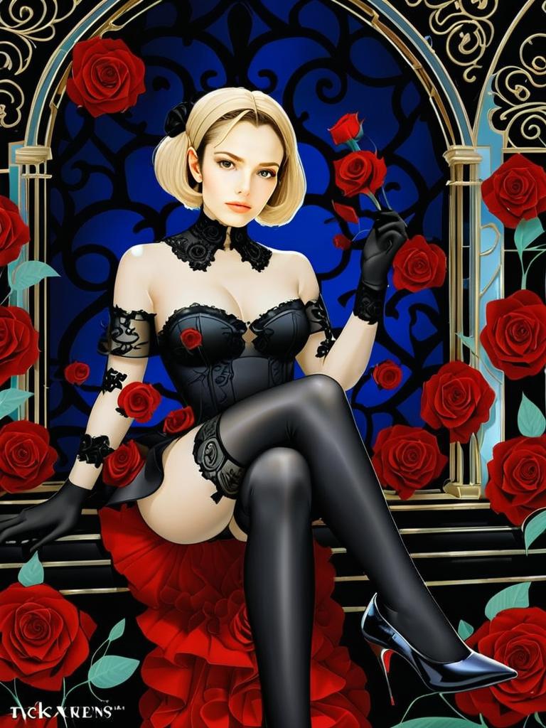Elegant Woman in Black Lace Lingerie with Red Roses