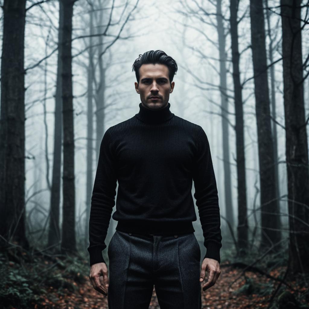 Confident Man in Foggy Forest