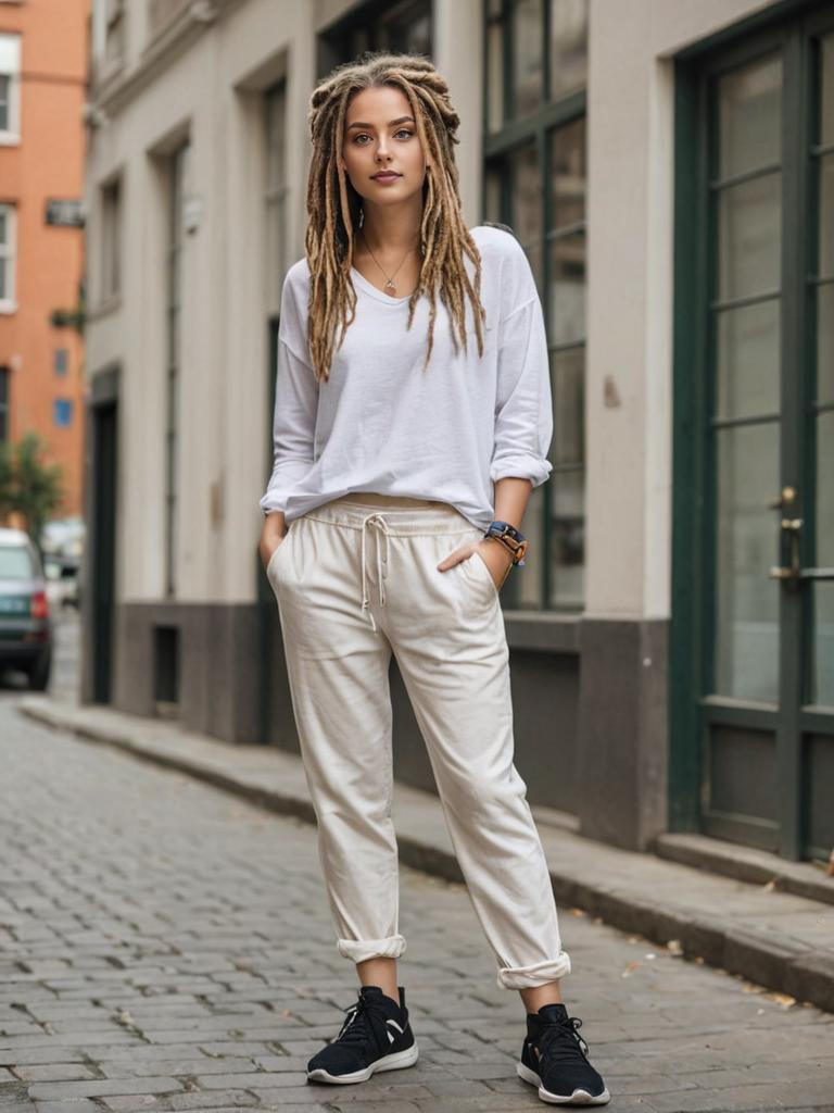 Confident White Woman with Dreads in Urban Setting