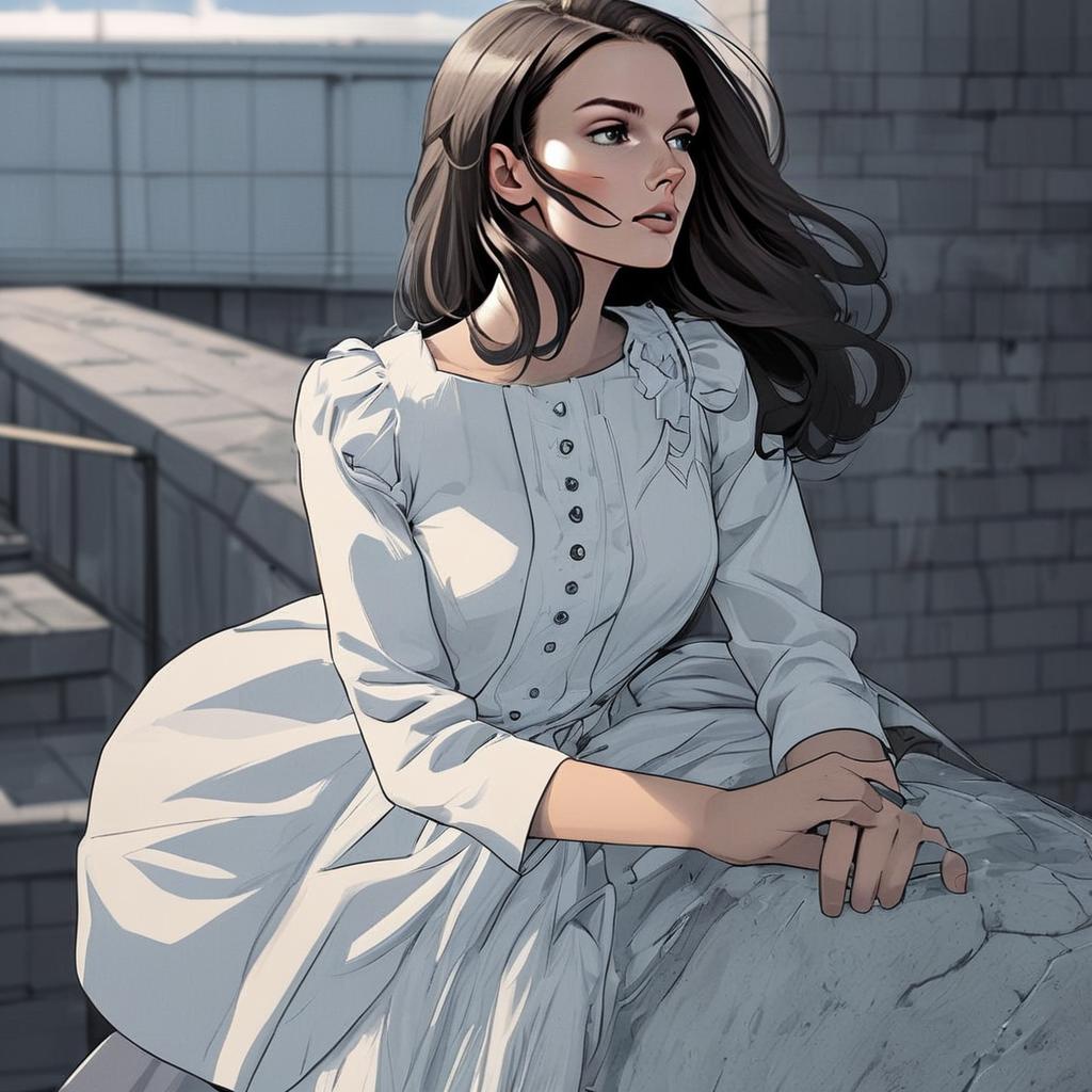 Anime Style Woman in White Dress Sitting Outdoors Digital Illustration