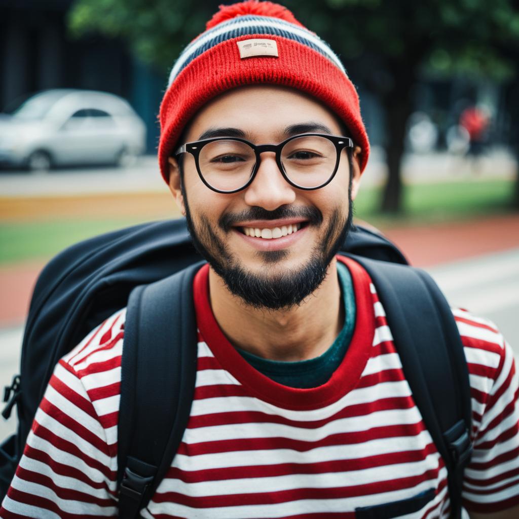 Smiling Man in Classic Waldo Costume with Red Beanie and Glasses
