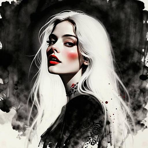 Digital Portrait of Woman with White Hair and Red Lips in Gothic Style