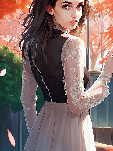 Elegant Woman in Sheer Floral Dress with Autumn Background Digital Art