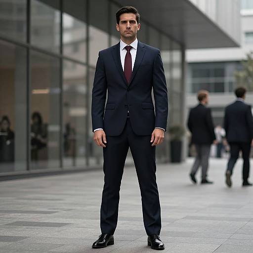 Confident Man in Navy Business Suit Standing in Urban Cityscape