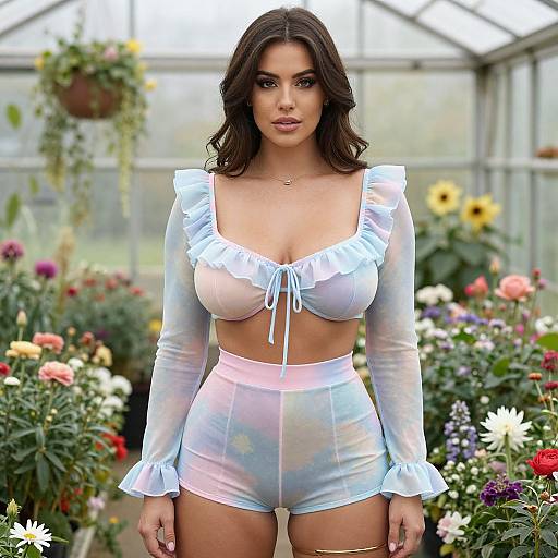 Woman in Pastel Tie-Dye Ruffled Two-Piece Outfit in Greenhouse with Flowers