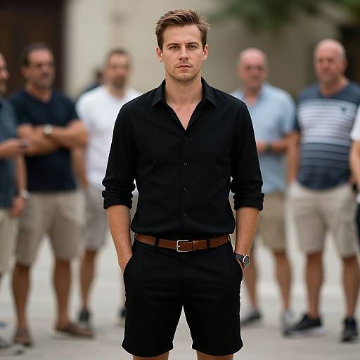 Confident Young Man in Black Shirt with Group of Men in Background