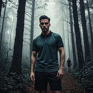 Young man on misty forest path