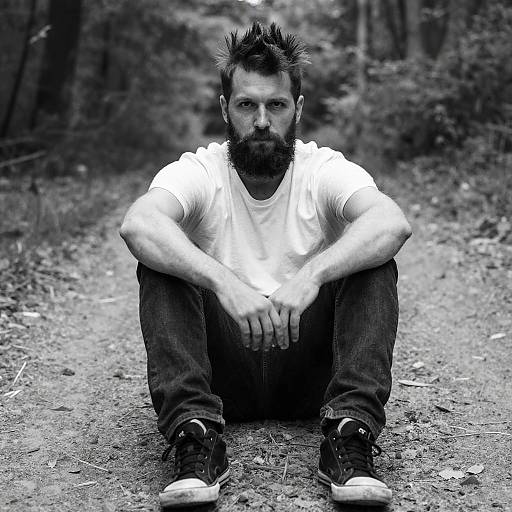 Bearded Man Sitting on Forest Path in Black and White