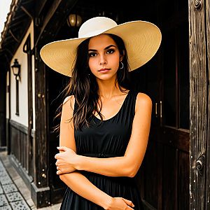 Confident Woman in Black Dress and Beige Hat