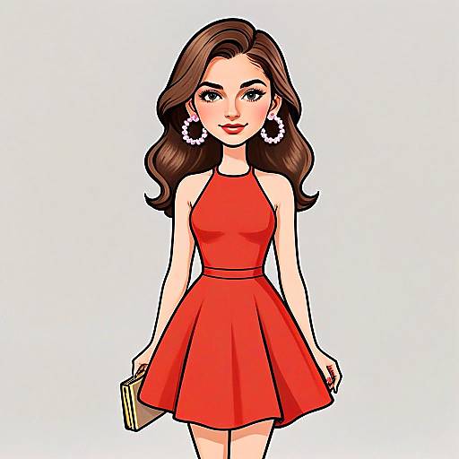 Cartoon Woman with Pretty Face Wearing Red Halter Neck Dress