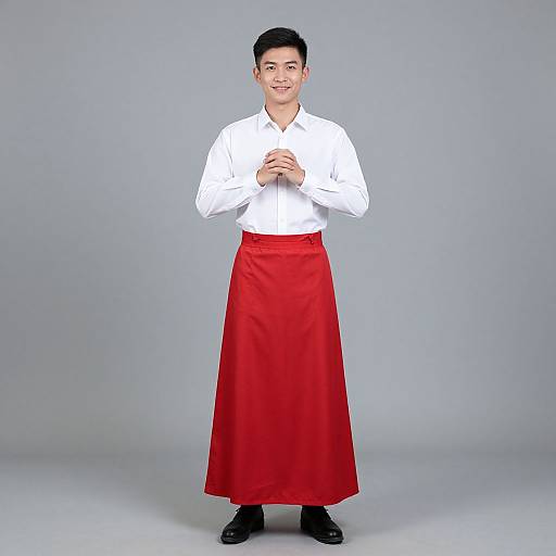 Young Man in White Shirt and Red Long Apron Standing Confidently