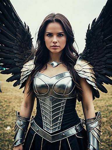 Woman in Warrior Angel Costume with Black Wings Cosplay Portrait