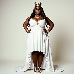 Confident Plus-Size Woman in Elegant White High-Low Dress
