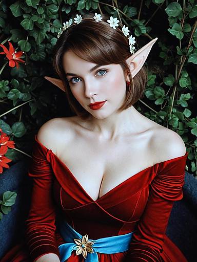 Elegant Elf Woman in Red Gown with Floral Crown Fantasy Portrait