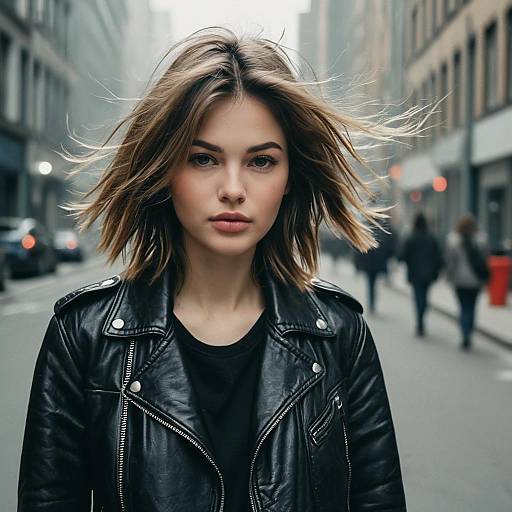 Young Woman in Black Leather Jacket on Urban Street