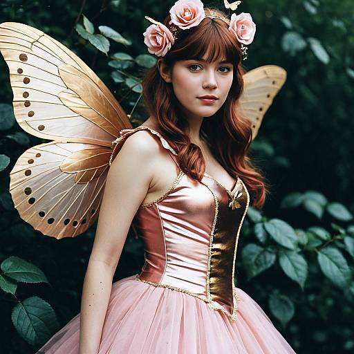 Rose Gold Fairy Costume Woman in Pink Dress with Gold Butterfly Wings