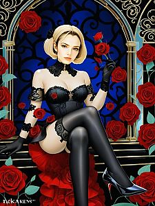 Elegant Woman in Black Lace Lingerie with Red Roses