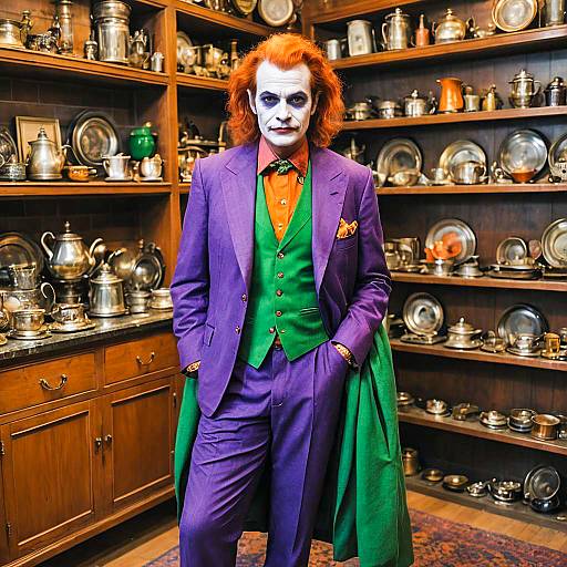 Man in Joker Costume Wearing Purple Suit and Green Waistcoat in Antique Room
