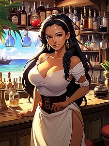 Confident Woman at Seaside Bar