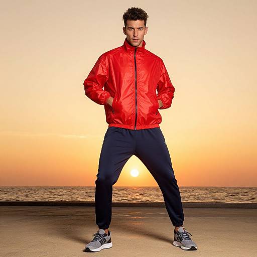 Man in Red Jacket and Joggers Standing at Sunset by the Sea