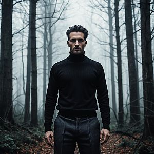Confident Man in Foggy Forest