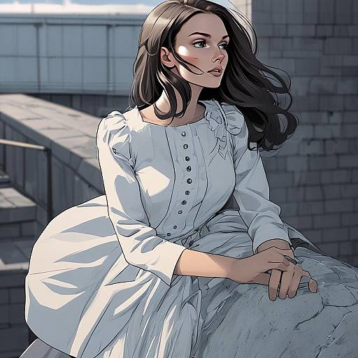 Anime Style Woman in White Dress Sitting Outdoors Digital Illustration