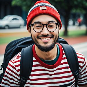 Smiling Man in Classic Waldo Costume with Red Beanie and Glasses
