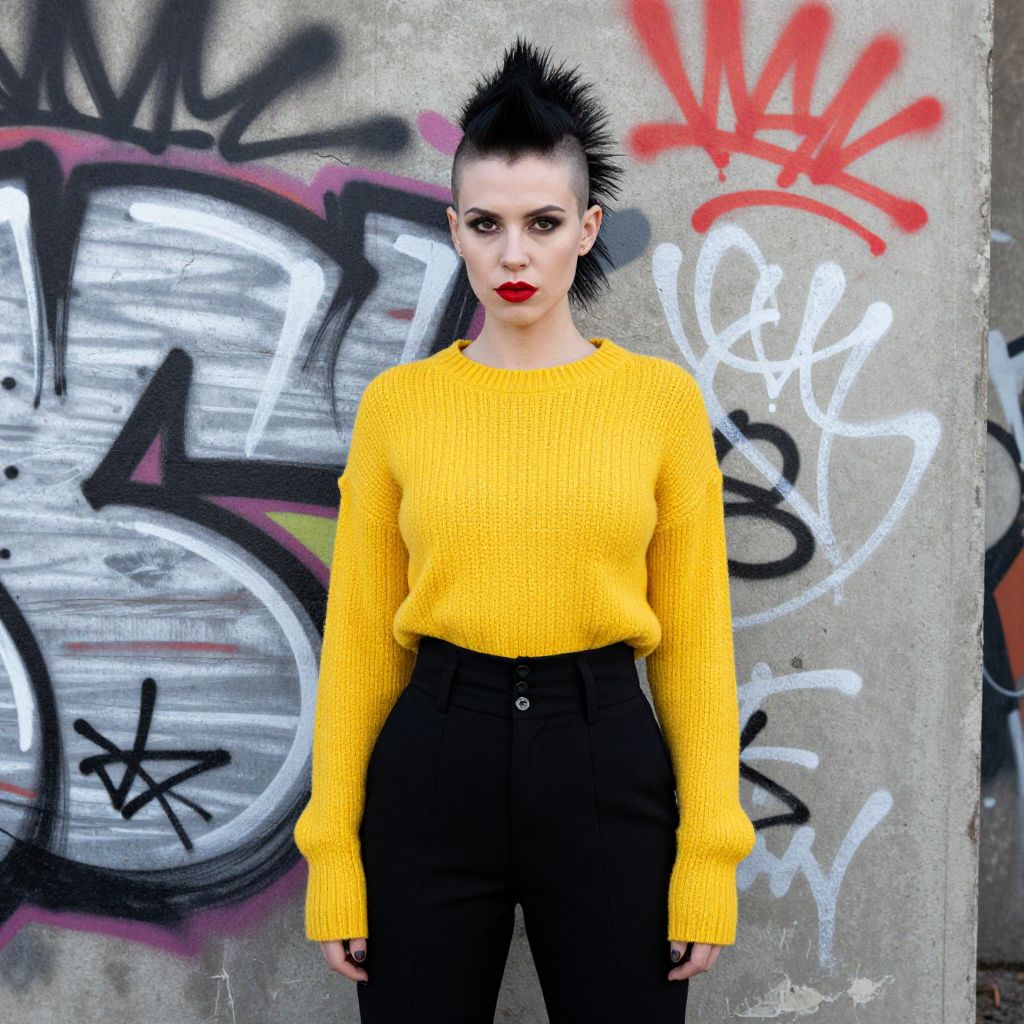 Woman with Mohawk Hairstyle in Yellow Sweater Against Graffiti Wall
