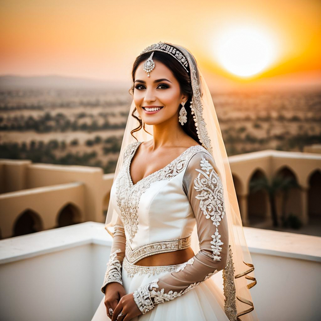 Radiant Bride at Sunset in Elegant Dress